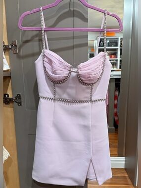 Self-Portrait Pale Pink Crystal-Trim Mini Dress